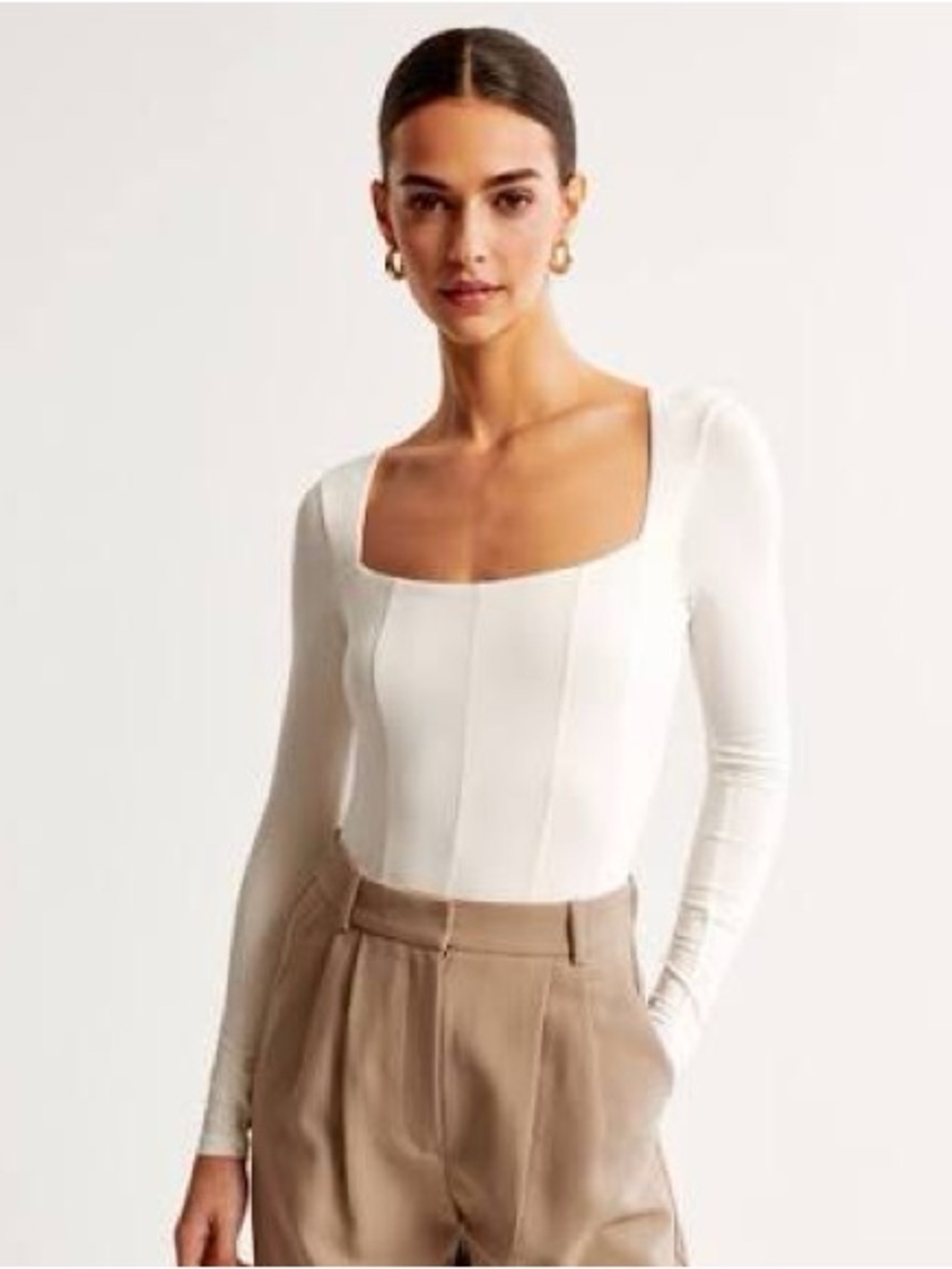 Abercrombie & Fitch Cream Long-Sleeve Square Neck Corset Bodysuit for Women